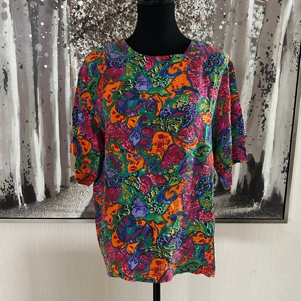 Marguerite LI Womens Multicolor 100% Silk Short‎ Sleeve Crew Neck Blouse - Large